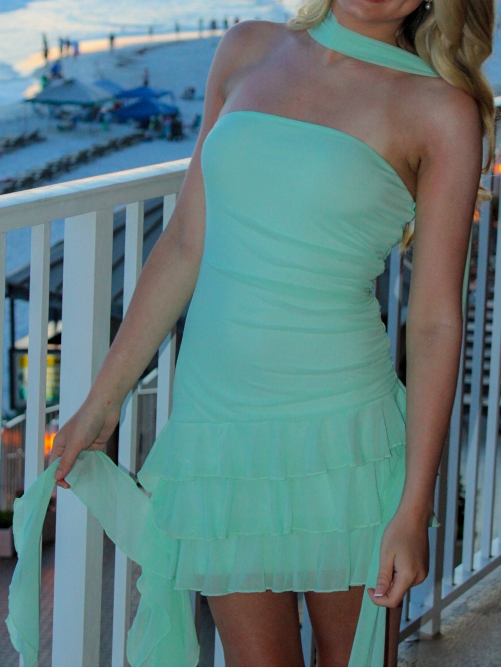 SHEIN Mint Green Strapless Ruffle Mini Dress with Neck Scarf